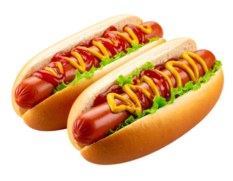 Two hot dogs on white buns, adorned with lettuce, ketchup, and mustard, sit against a solid black backdrop
