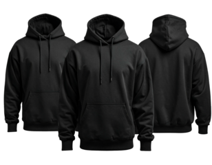 Three black hooded sweatshirts, front, center, and back views, against a black background, showcasing design details