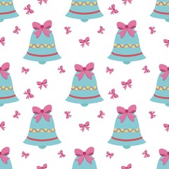 Cute bell seamless pattern with pink bow on white background