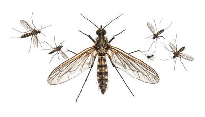 Collection of flies with patterned wings on dark background, one central, others clustered around
