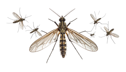 Collection of flies with patterned wings on dark background, one central, others clustered around