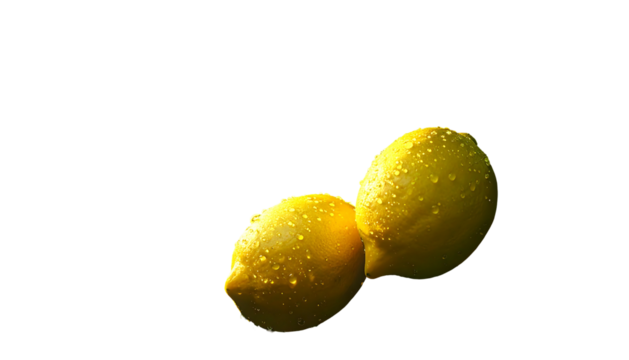 Two lemons, speckled with water droplets, contrast against a stark black background, creating a vibrant and refreshing image