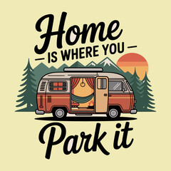 Retro camper van with hammock and campfire in mountain landscape van life vintage