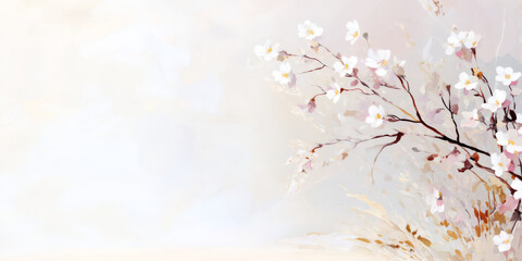 Fototapeta premium Delicate White Cherry Blossoms Branch on Soft Pastel Background Subtle Light Spring Floral Art
