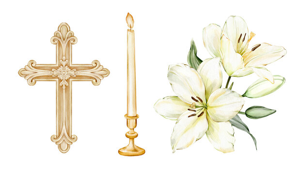 Christian cross, church candle in candlestick and white lilies. Watercolor isolated religious clipart set. Hand drawn illustration. Great for memorials, liturgical programs and religious designs.