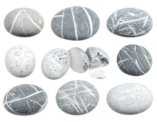 Collection of smooth, gray, oval stones, some with white vein-like patterns, against a black background