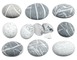 Collection of smooth, gray, oval stones, some with white vein-like patterns, against a black background