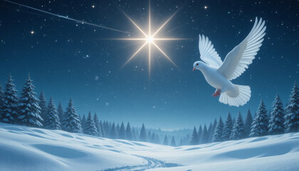 Peaceful winter landscape with white doves flying above a glowing Christmas star, serene background