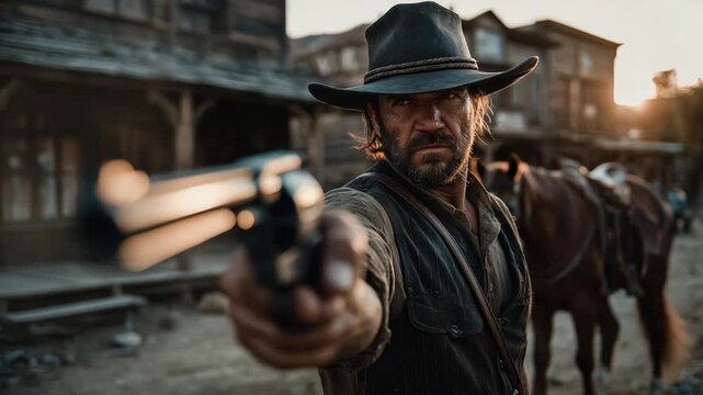 An Intense and Dramatic Standoff Occurs in a Western Town at Dusk