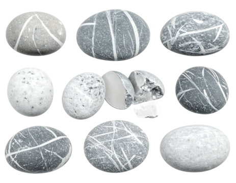 Collection of smooth, gray, oval stones, some with white vein-like patterns, against a black background