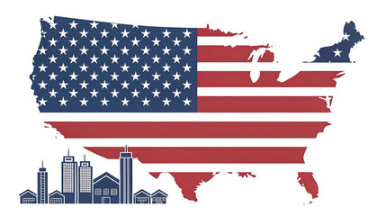 Usa map with flag and city isolated on white background