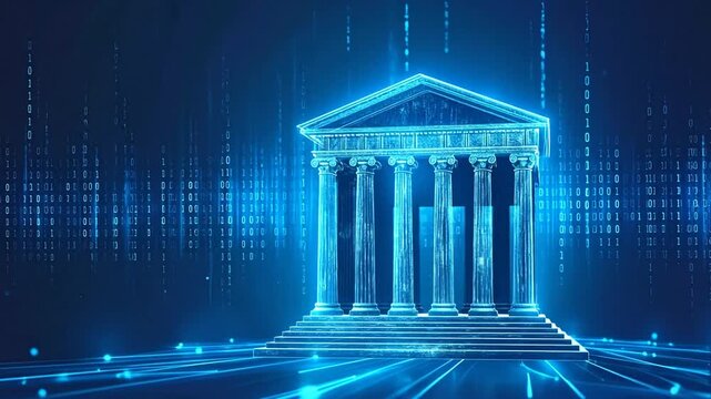 Futuristic concept of digital banking and governance, featuring a glowing blue holographic courthouse on a high-tech data background