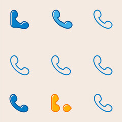 Fototapeta premium Collection of nine phone handset icons in blue and orange on a light background phone icon
