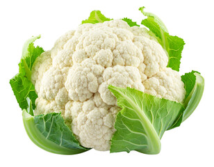 Top-Down View of White Cauliflower with Spread-Out Leaves, isolated on transparent background