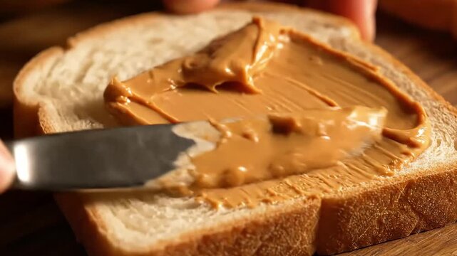 A close-up shot of creamy peanut butter being smoothly spread on a slice of fresh white bread