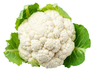  Whole Fresh White Cauliflower with Crisp Green Leaves, Front View, isolated on transparent background