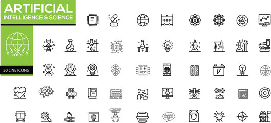 50 Artificial Intelligence & Science Line Icons Set