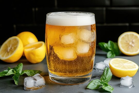 Glass of beer with ice cubes, lemon and basil on dark background