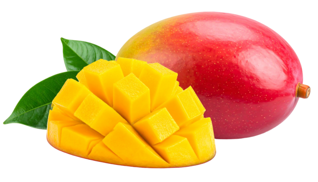 Two mangoes, one whole, the other diced, with vibrant colors and lush green leaves against a transparent background
