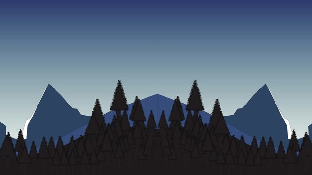 Mountain landscape with mountains. seemless loop 2D mountain landscape animation with snowy peaks and pine trees against a dark blue sky. Ideal for game backgrounds, motion graphics, and animated outd
