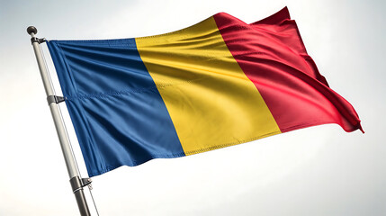 Waving flag of romania against a bright sky on a metal pole