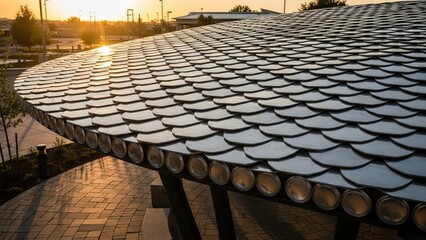 Innovative Recycled Material Roof Structure Bathed in Golden Sunset Light