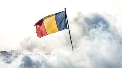 Flag of romania waving in smoke against a bright sky