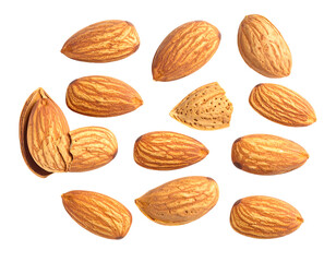 Collection of whole almonds with a cracked shell, showcasing intricate textures against a stark black background