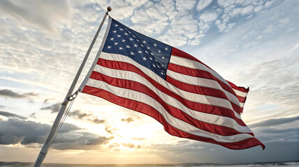 American flag waving in the wind against a dramatic sky