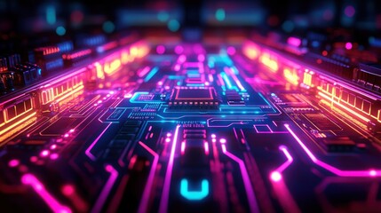 Neon-lit circuit board close-up