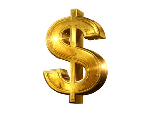 Tilted Golden Dollar Symbol with Soft Shadow, Angled Perspective, Isolated on Transparent Background