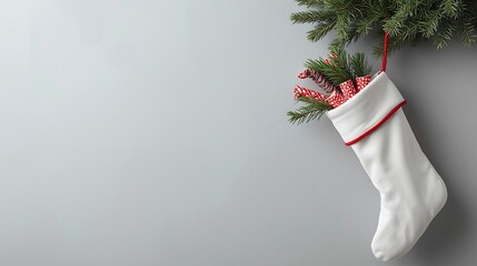 A christmas stocking filled with gifts hanging from a pine branch on a gray background wall space