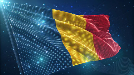 Digital rendering of the flag of romania waving on dark background