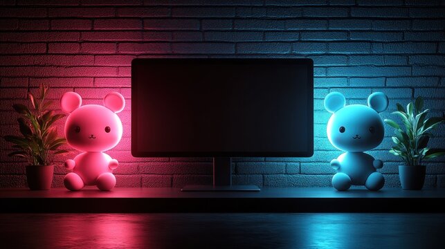 Neon-lit room with teddy bears and a TV