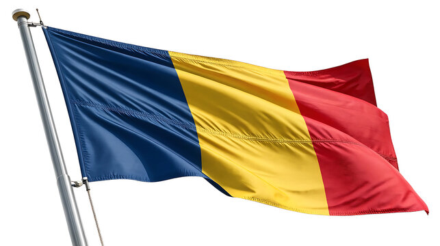 Waving romanian flag against a white background on flagpole - Powered by Adobe