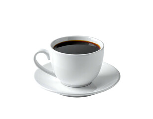 A white cup filled with dark coffee sits atop a matching saucer, isolated against a solid black backdrop