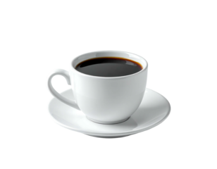 A white cup filled with dark coffee sits atop a matching saucer, isolated against a solid black backdrop