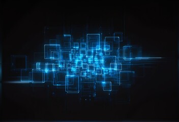A futuristic digital network of glowing blue squares and lines against a dark background, evoking data flow or cyber infrastructure.