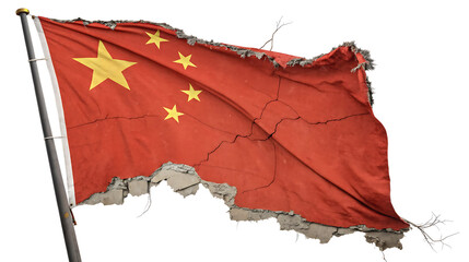 Worn and cracked chinese flag isolated on white background
