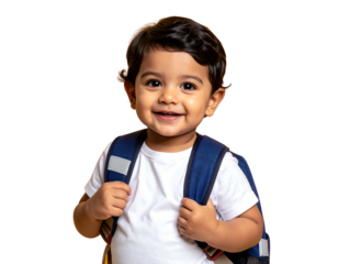Happy toddler wearing a blue backpack and white shirt, smiling brightly against a solid dark background