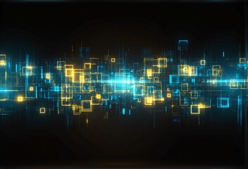 A futuristic digital landscape of glowing blue and yellow squares, lines, and dots against a dark backgroundevoking data streams, cyberpunk tech, or neural networks in motion.