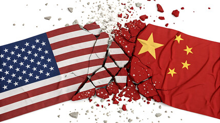 United states and china flags cracking apart, trade war concept