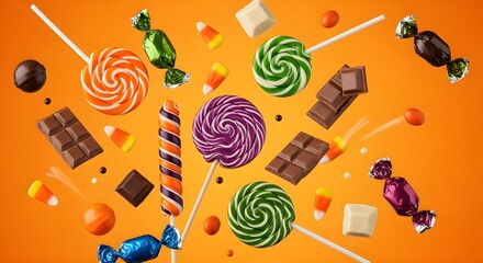 Colorful Halloween Candy Assortment on Bright Orange Background