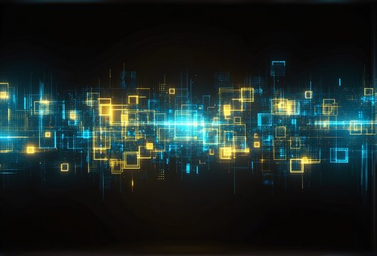 A futuristic digital landscape of glowing blue and yellow squares, lines, and dots against a dark backgroundevoking data streams, cyberpunk tech, or neural networks in motion.