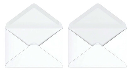 Two open, blank white envelopes displayed side-by-side against a black background, showcasing their clean, modern design