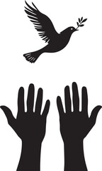 Fototapeta premium PrintPeace and freedom symbol — black and white silhouette of dove with olive branch above raised hands for unity and hope themes
