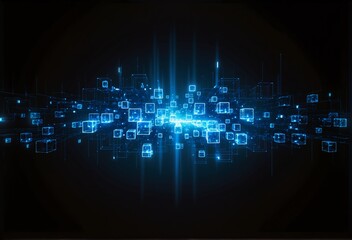 Obraz premium A futuristic digital landscape of glowing blue cubes and data streams against a dark background, symbolizing advanced technology, connectivity, and cybernetic networks.