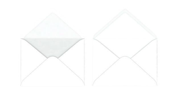 Two open, white envelopes stand side by side against a black background, ready for mail