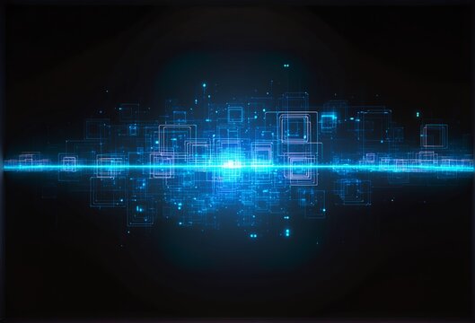 A futuristic digital network of glowing blue squares and lines against a dark background, symbolizing data flow, connectivity, or advanced technology. - Powered by Adobe
