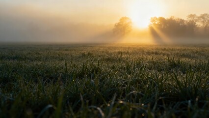 Misty Morning Sunrise with Sun Rays over a Field of Dewy Grass